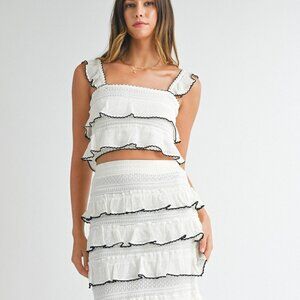 NEW Mable White with Black Trimming Ruffle Knit Top & Maxi Skirt Set